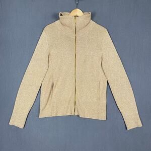 Jones Cardigan Women's M Beige Brown Full Zip Mock Neck Long Sleeve Sweater Cozy